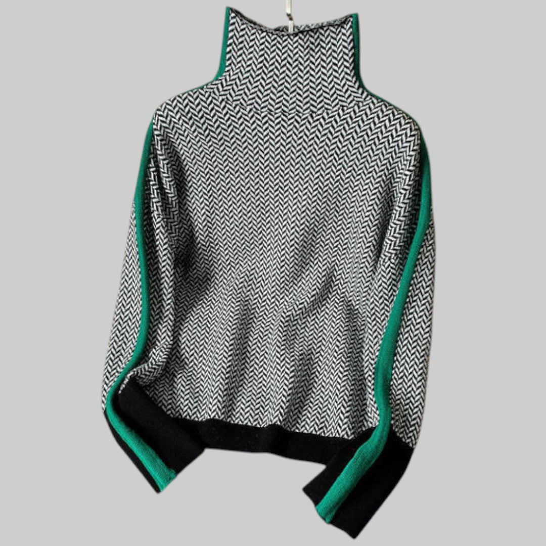 Елена – Mеланжиран пуловер с висока яка и изразителни контрастни полоси