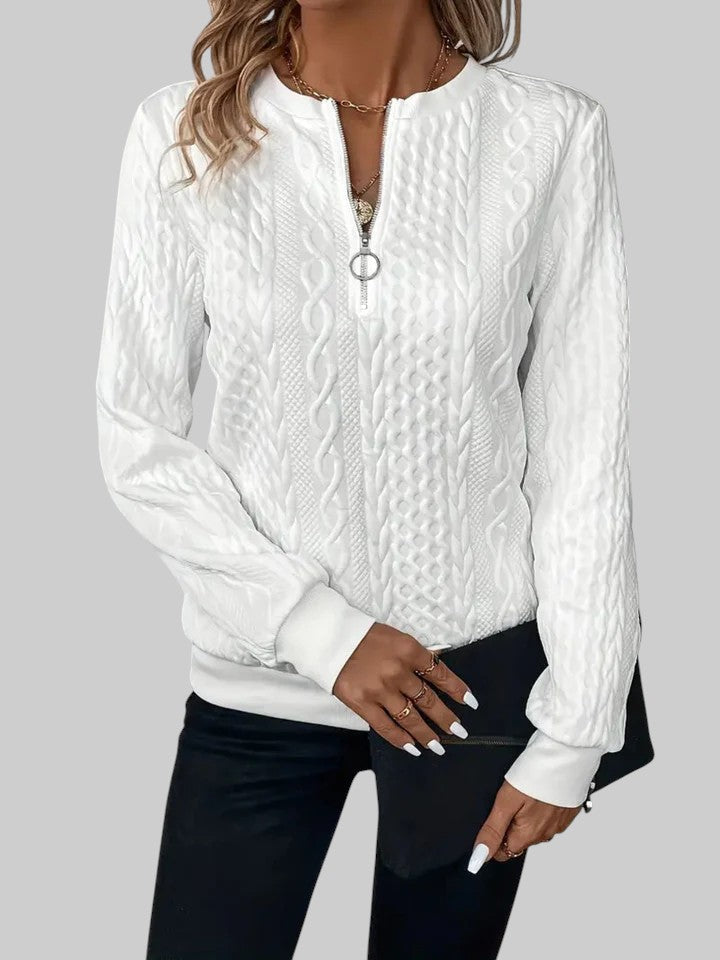 Йоана - Дамски плетен пуловер с цип и плитки